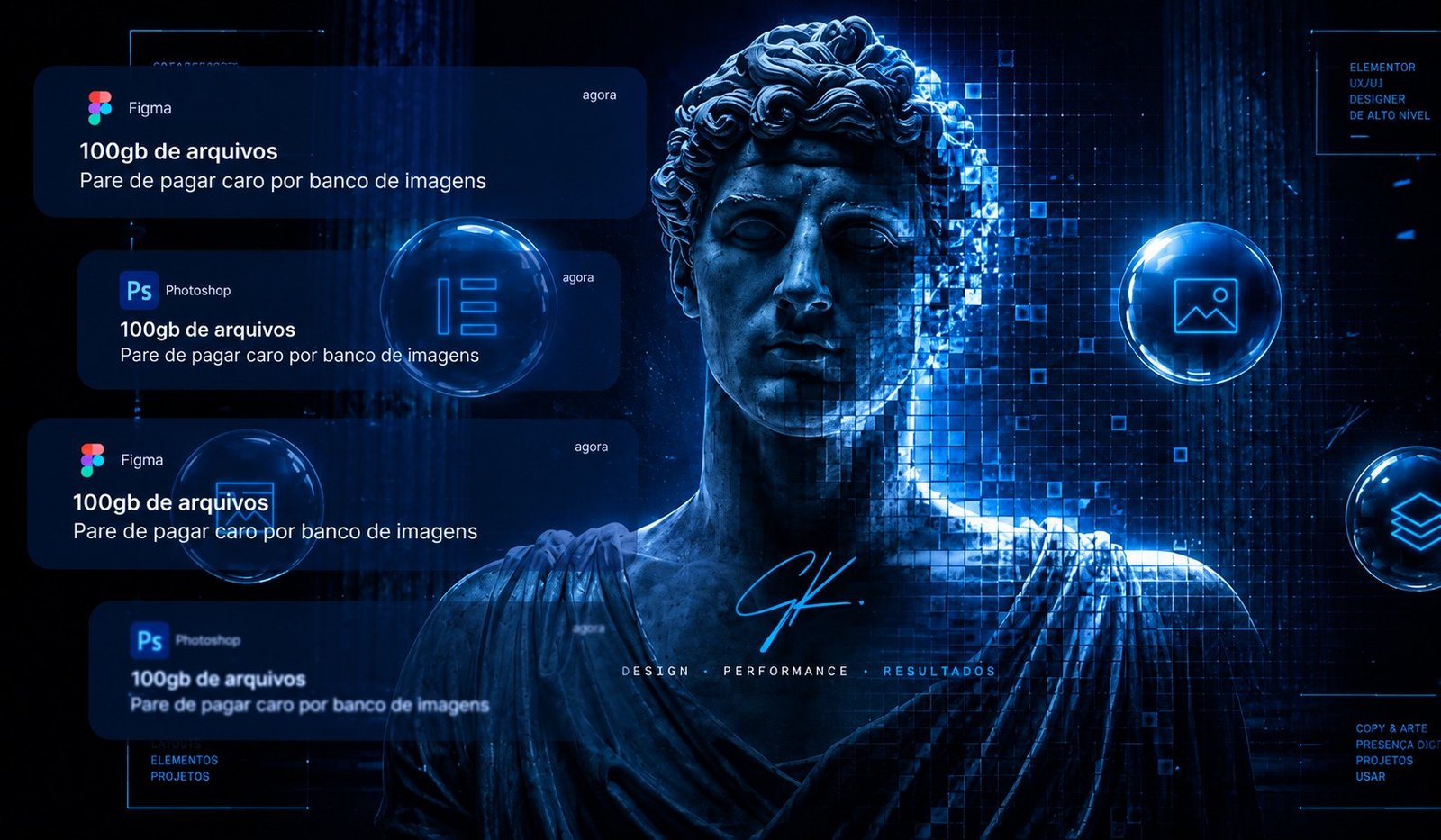 Ilustração de estátua com efeito digital, representando os recursos disponíveis